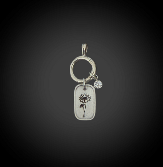 Personalized April Birth Month Daisy Flower Charm: CZ Diamond Birthstone, Hinged Charm Holder easily add charms, Sterling Silver Pendant