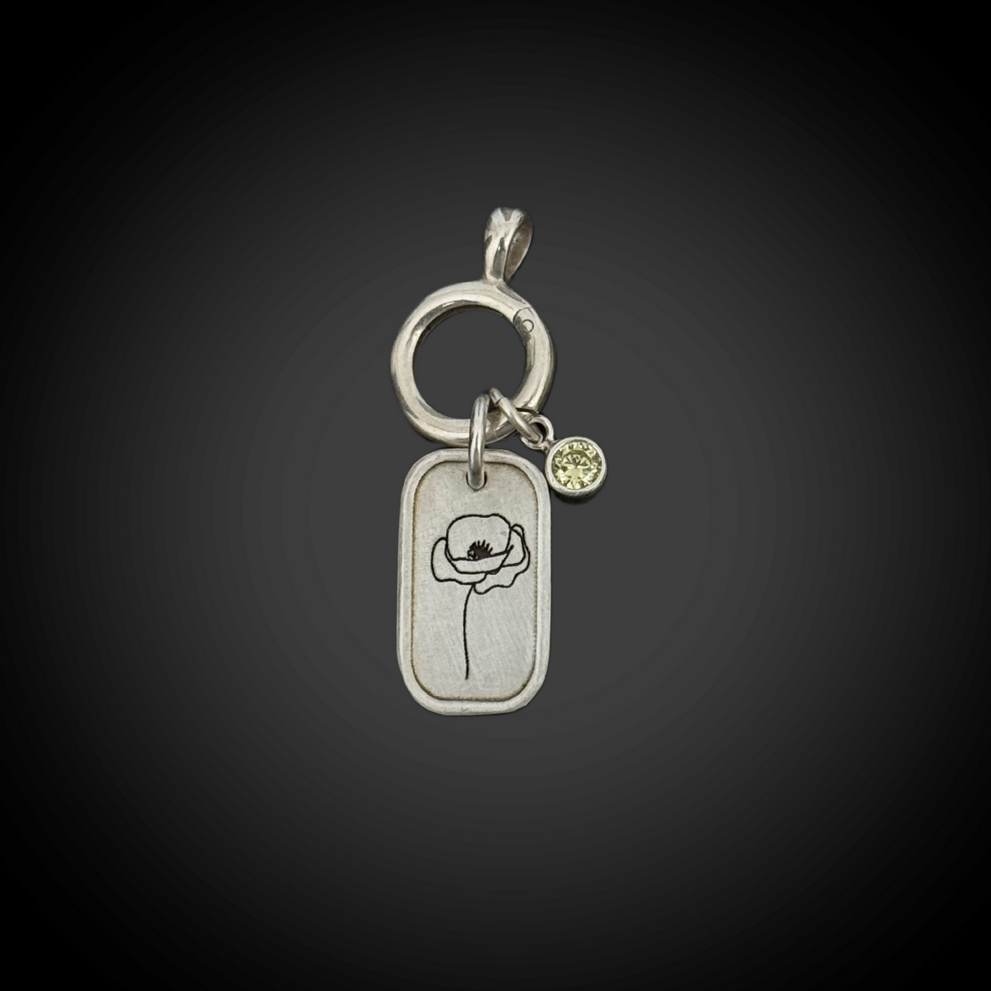 Personalized August Birth Month Poppy Flower Charm: Peridot CZ Birthstone, Hinged Charm Holder easily add charms, Sterling Silver Pendant