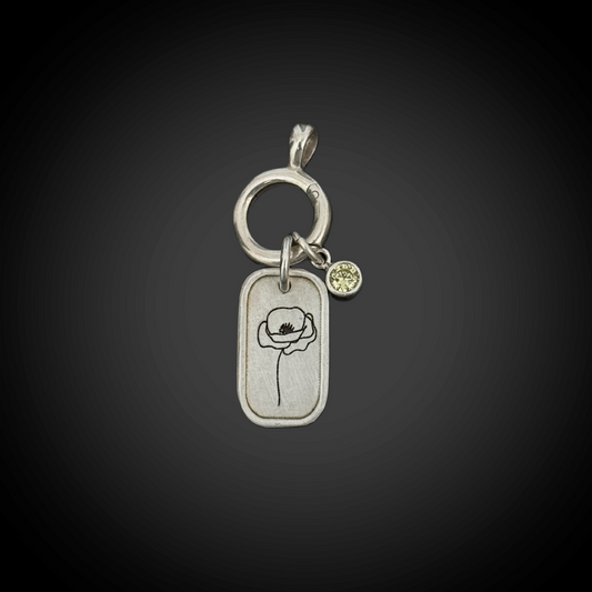 Personalized August Birth Month Poppy Flower Charm: Peridot CZ Birthstone, Hinged Charm Holder easily add charms, Sterling Silver Pendant
