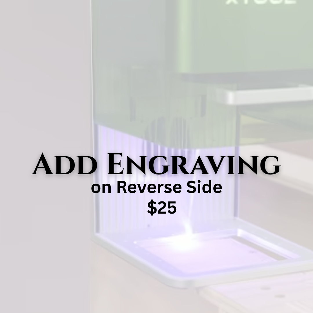 Glass display case with text 'ADD ENGRAVING on Reverse Side $25' on a white background