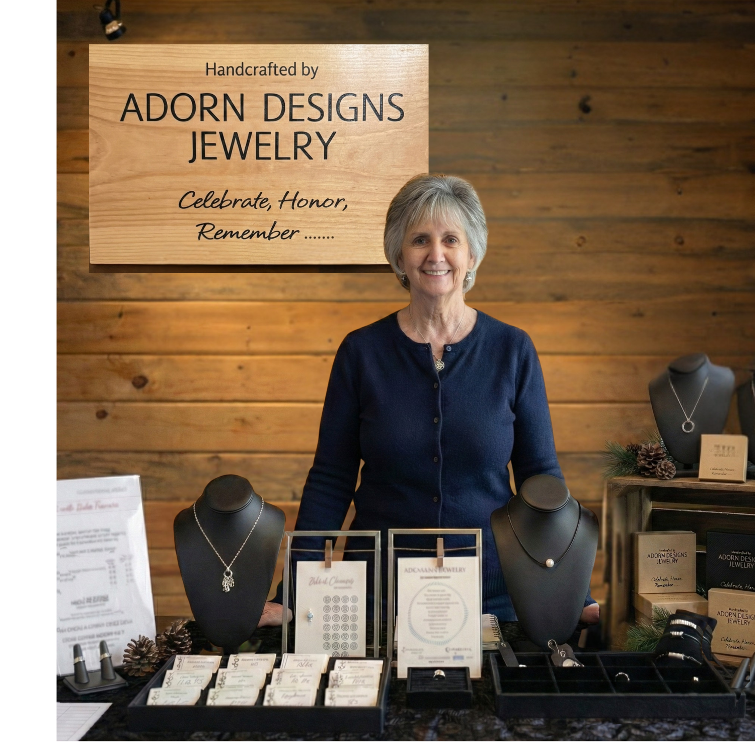 Woman standing behind a display of Adorn Designs jewelry with a wooden sign in the background.