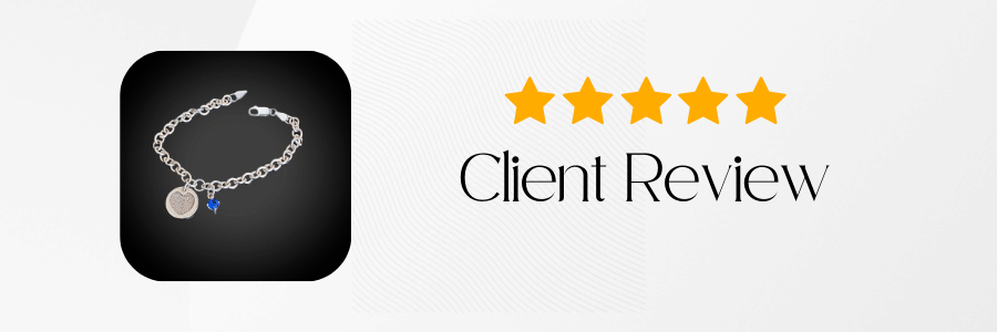 Bracelet with charms on a black background, five yellow stars, and 'Client Review' text.