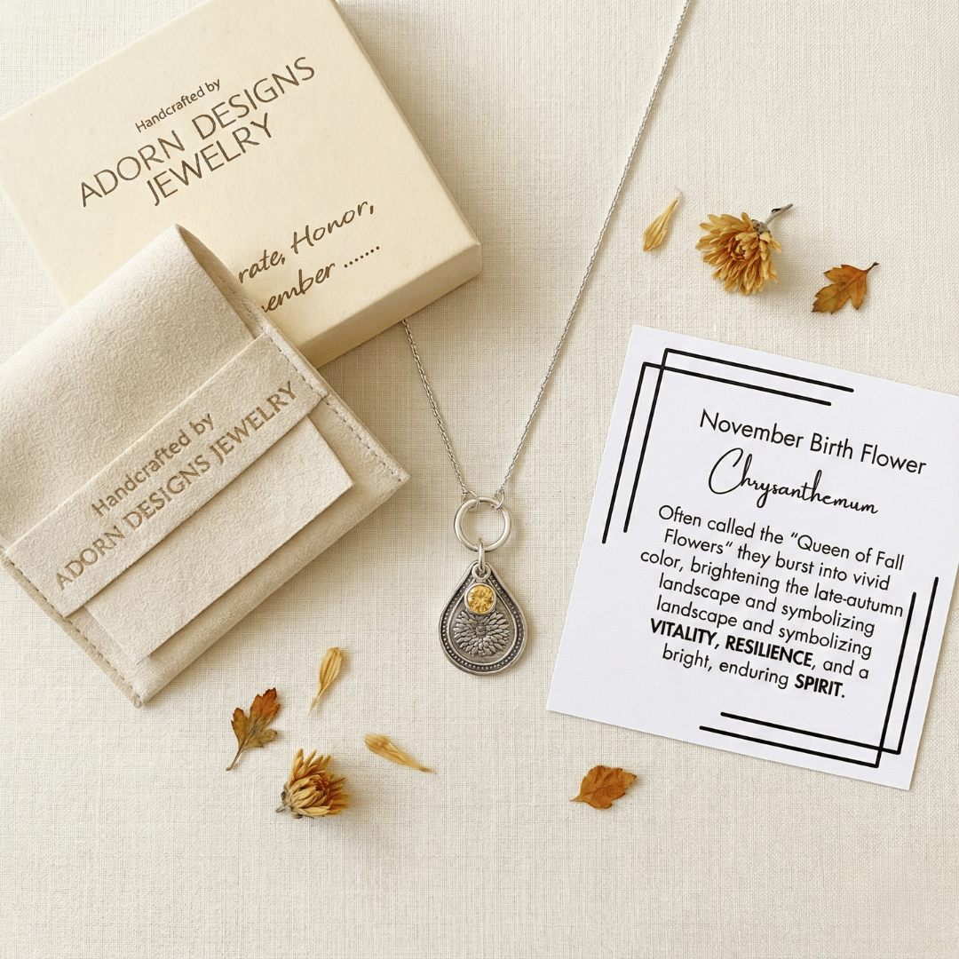 November chrysanthemum birth flower sterling silver necklace with golden citrine CZ stone, Adorn Designs gift box, pouch, and November chrysanthemum meaning card.