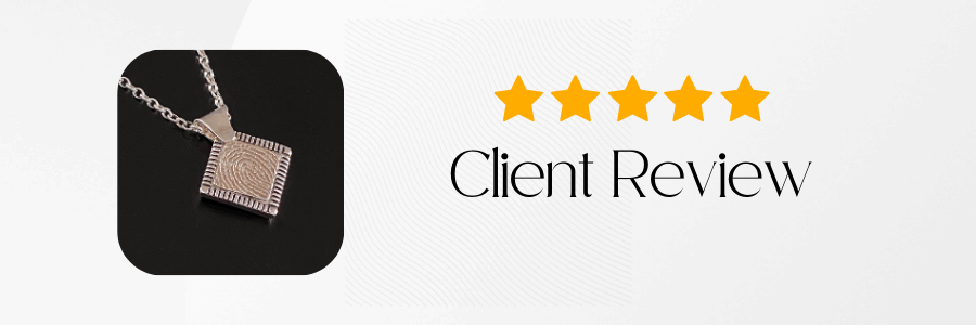Necklace with a square pendant on a black background, five yellow stars, and 'Client Review' text.
