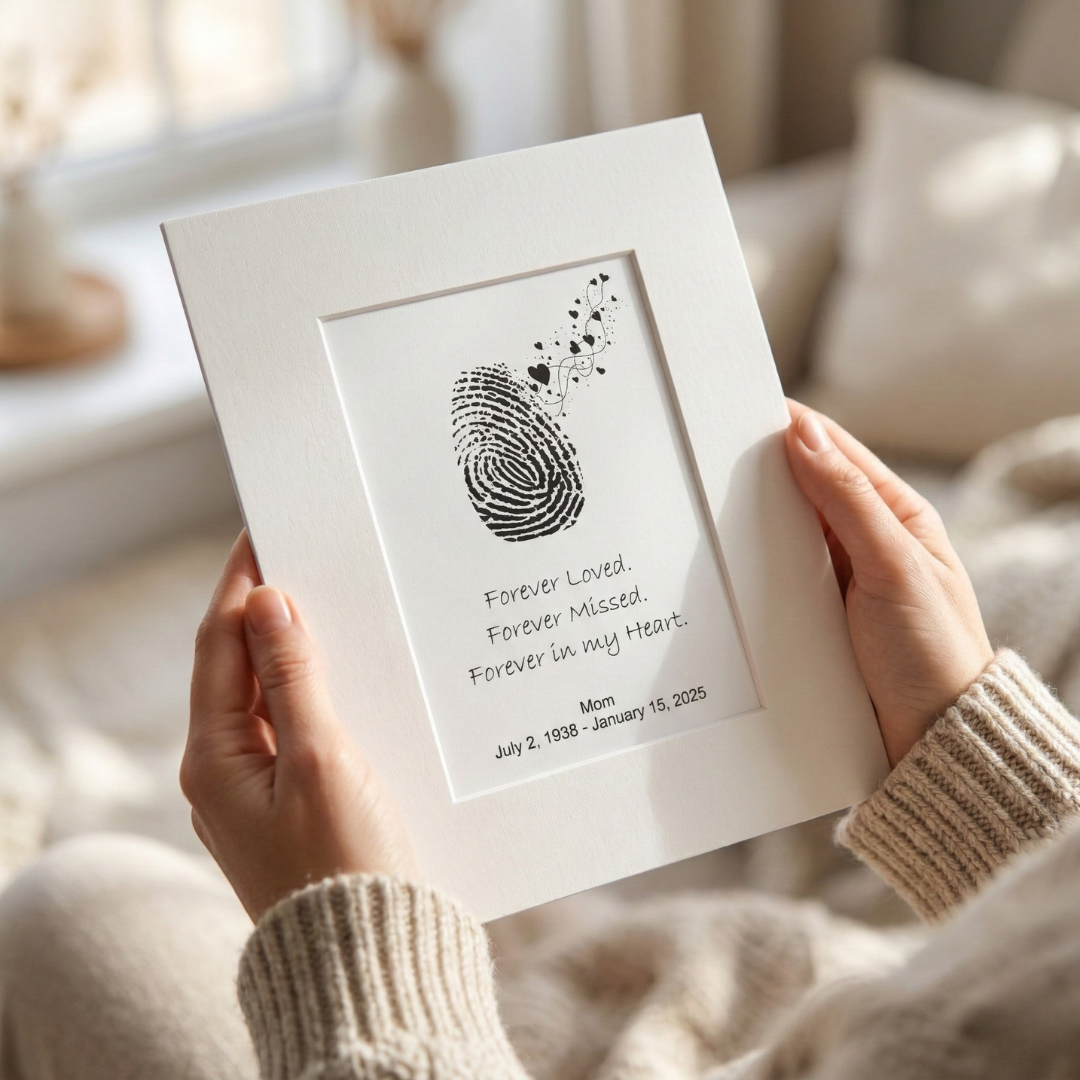 Memorial Art Print | Fingerprint Fades to Loving Hearts | Personalized Keepsake | Sympathy Bereavement Gift | Custom Verse & Name | 5x7 Print, 8x10 Mat