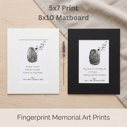 Memorial Art Print | Fingerprint Fades to Loving Hearts | Personalized Keepsake | Sympathy Bereavement Gift | Custom Verse & Name | 5x7 Print, 8x10 Mat