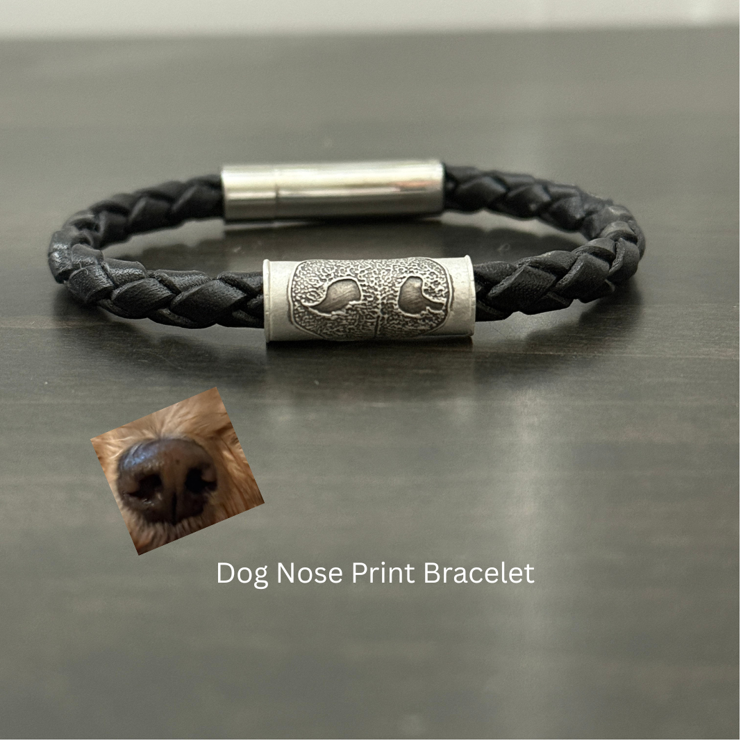 Dog Nose or Paw Print Memorial - Braided Leather Bracelet w/ Sterling Silver Tube Bead