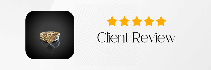 Five-star rating with a ring icon and 'Client Review' text on a white background