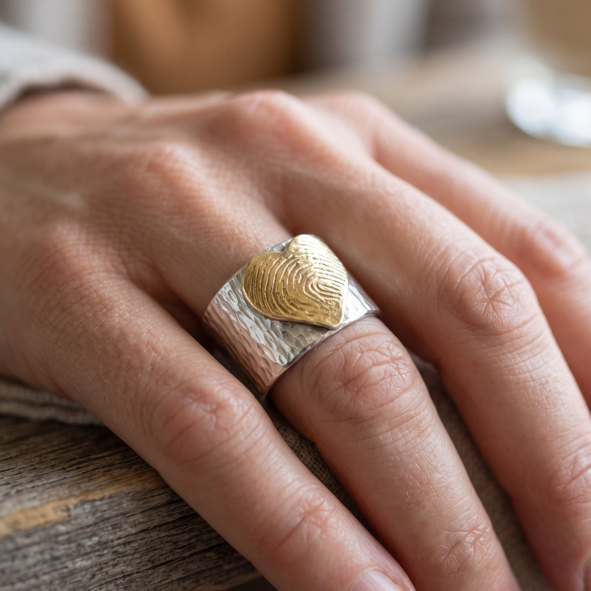 Wide Band Textured Fingerprint Heart Ring — Sterling Silver with 24K Gold-Plated Detail