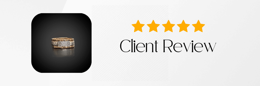 Gold ring with diamonds on a black background, five yellow stars, and 'Client Review' text.