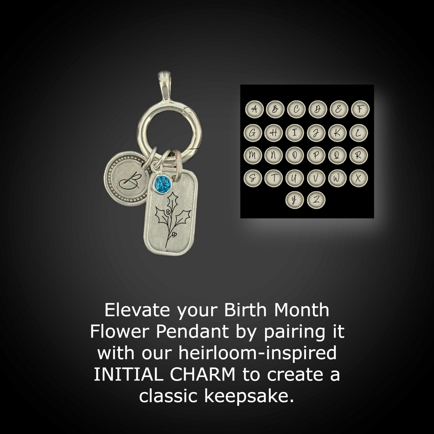 Personalized December Birth Month Holly Flower Charm: Zircon CZ Birthstone, Hinged Charm Holder easily add charms, Sterling Silver Pendant