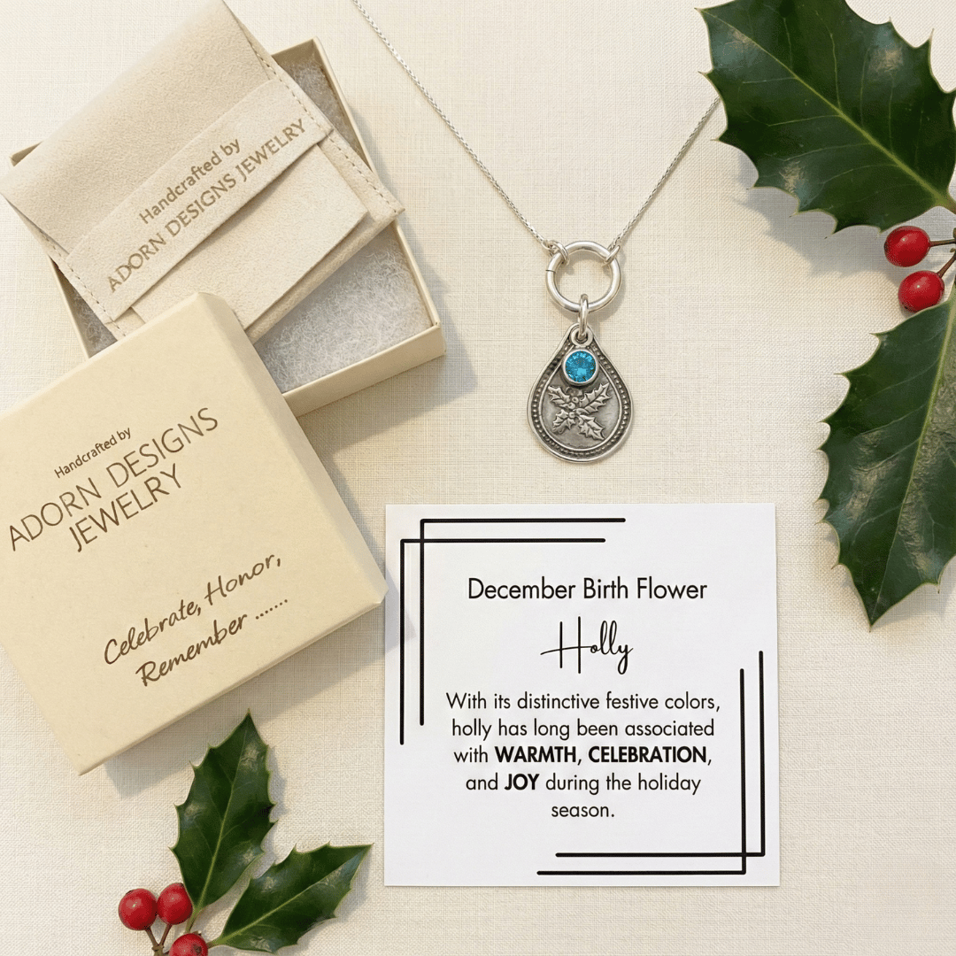 December holly birth flower sterling silver necklace with blue zircon CZ stone, Adorn Designs gift box, pouch, and December holly meaning card.