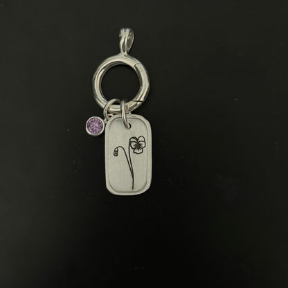 Personalized February Birth Month Violet Flower Charm: Amethyst CZ Birthstone, Hinged Charm Holder to add charms, Sterling Silver Pendant