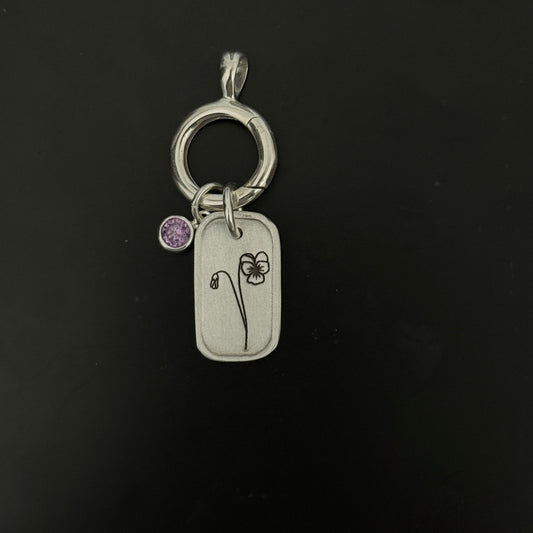 Personalized February Birth Month Violet Flower Charm: Amethyst CZ Birthstone, Hinged Charm Holder to add charms, Sterling Silver Pendant