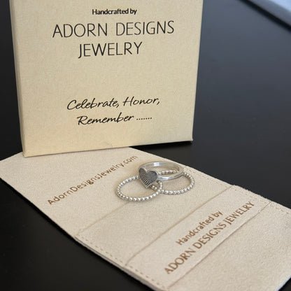 Fingerprint Heart Stacking Ring — Square Center Band with Twist Accents (Sterling Silver)