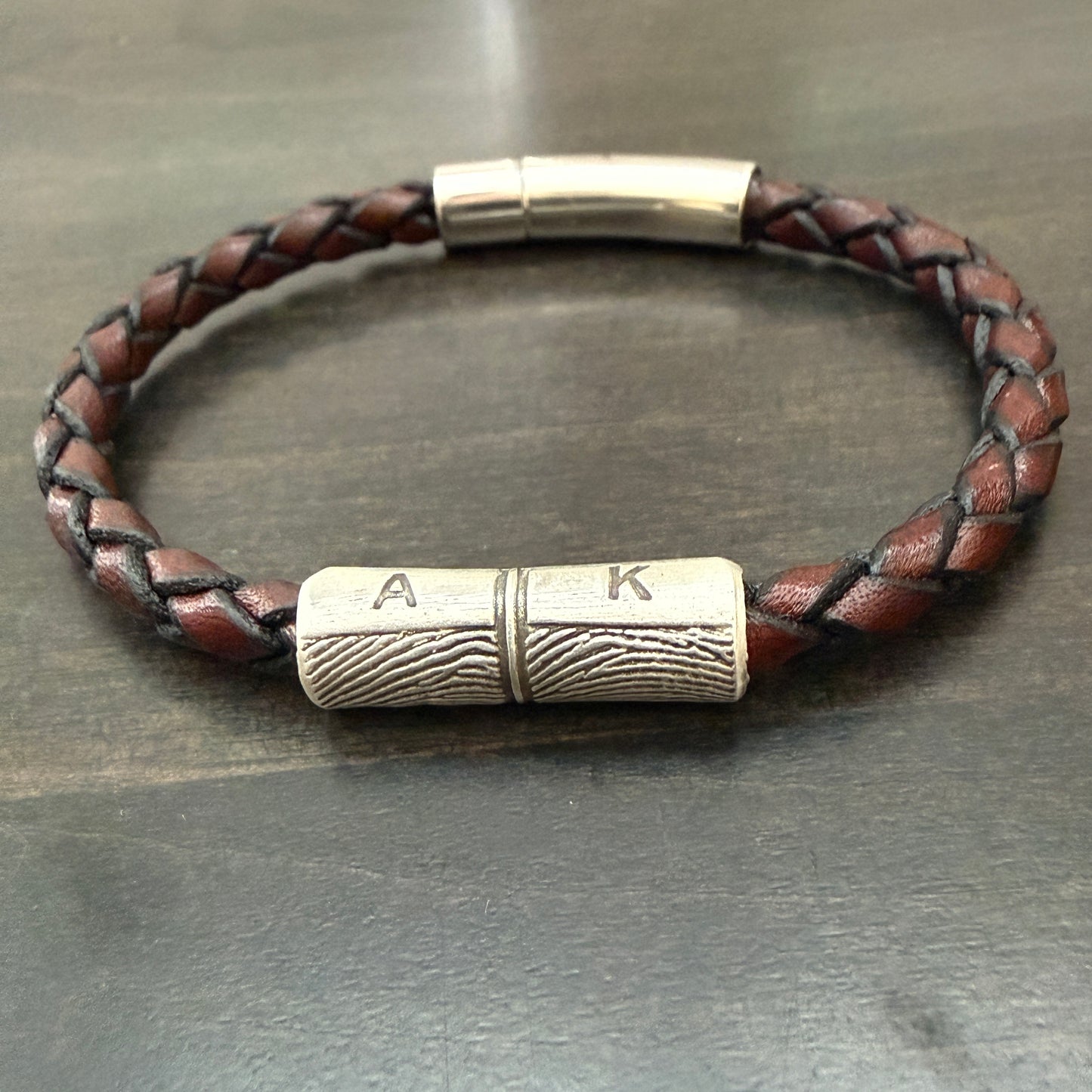 Leather Fingerprint Bracelet w/ 2 Fingerprints, Sterling, Meaningful Gift for Men