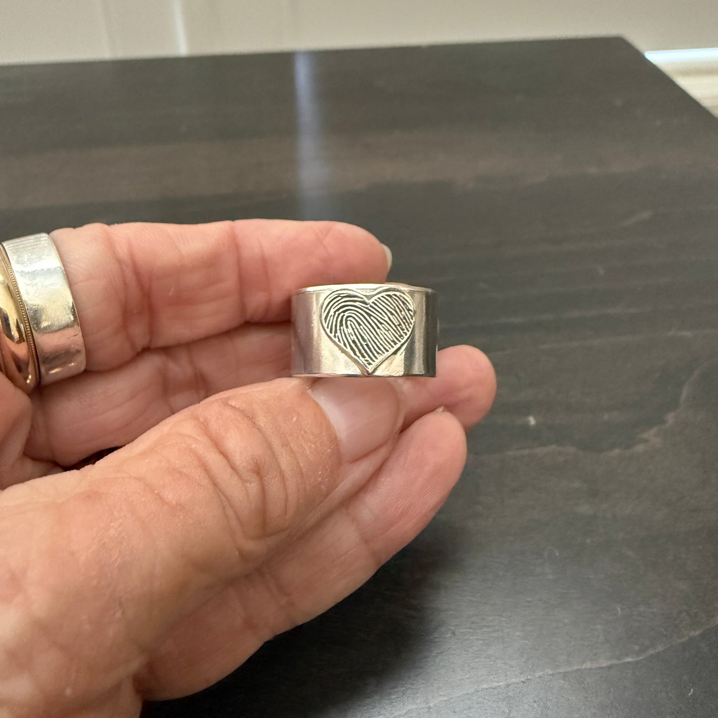 Wide Band Fingerprint Heart Ring — Sterling Silver, Optional Gold Plating