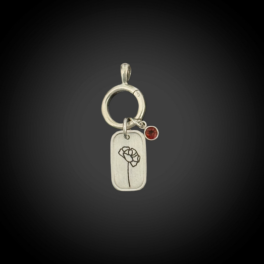 Personalized January Birth Month Carnation Flower Charm: Garnet CZ Birthstone, Hinged Charm Holder to add charms, Sterling Silver Pendant