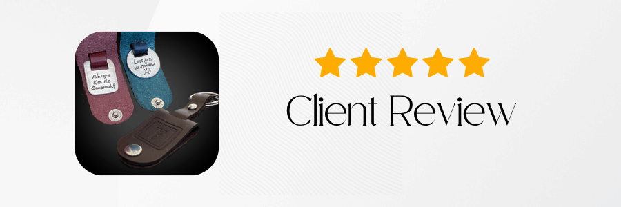 Product with a case and keychain, five-star rating, and 'Client Review' text on a white background.