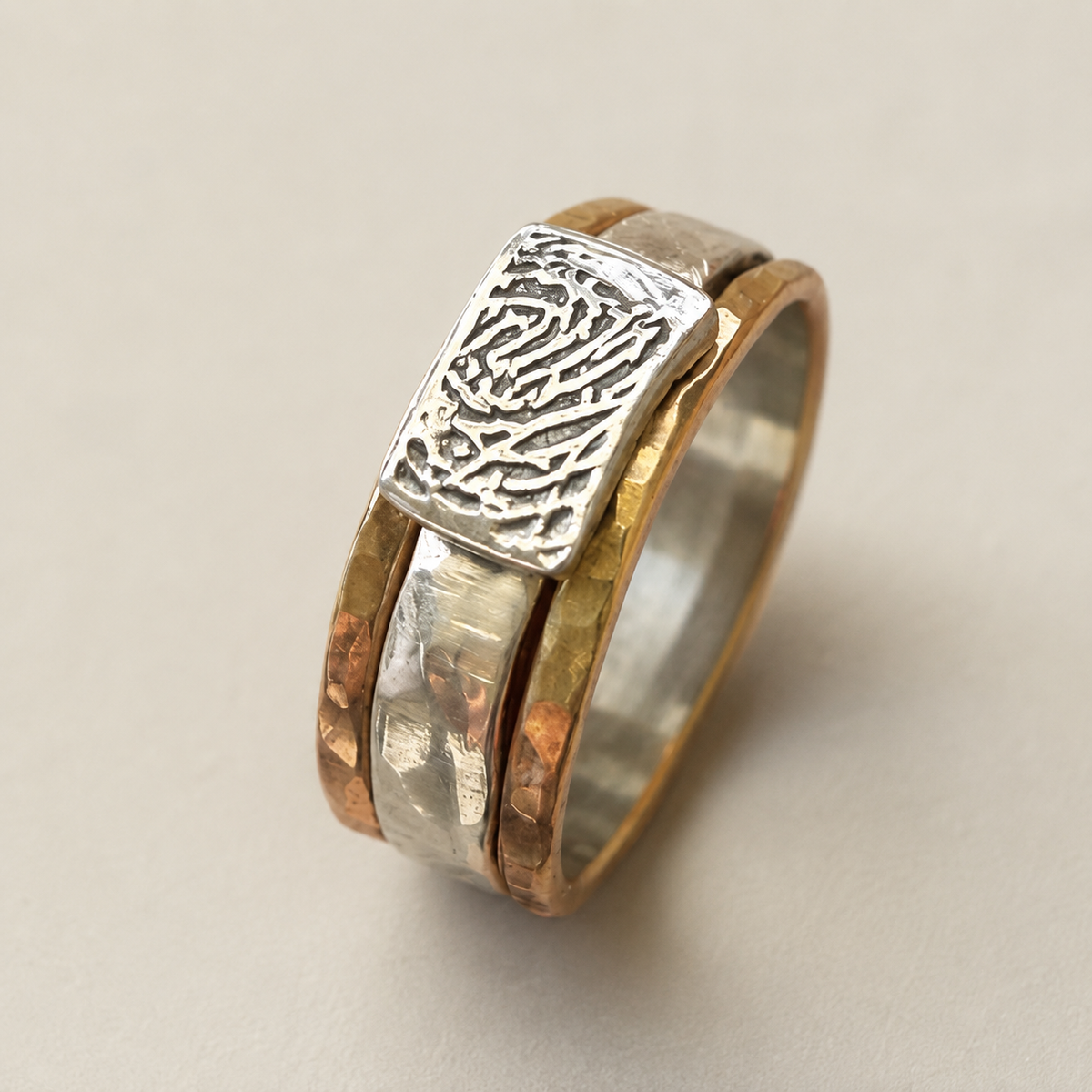 Fingerprint Stacking Rings — Mixed Metal Hammered Sterling & 14K Gold Filled