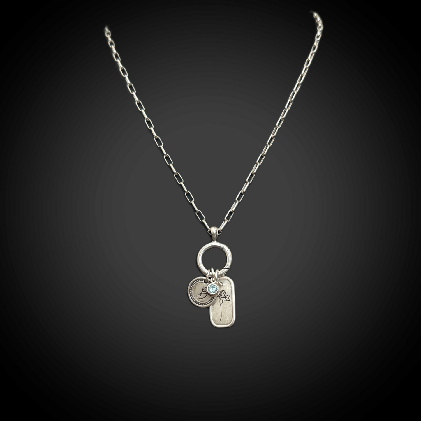 Personalized March Birth Month Daffodil Flower Charm: Aquamarine CZ Birthstone, Hinged Charm Holder to add charms, Sterling Silver Pendant