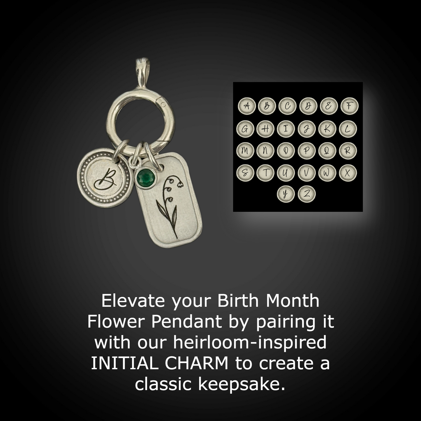 Personalized May Birth Month Lily of the Valley Flower Charm: Emerald CZ Birthstone, Hinged Charm Holder add charms, Sterling Silver Pendant