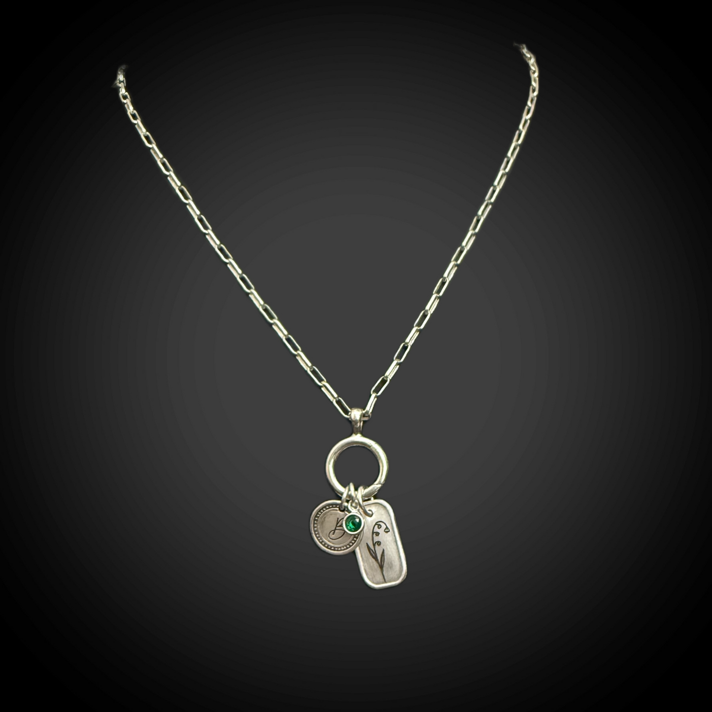 Personalized May Birth Month Lily of the Valley Flower Charm: Emerald CZ Birthstone, Hinged Charm Holder add charms, Sterling Silver Pendant