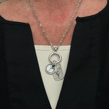 Personalized May Birth Month Lily of the Valley Flower Charm: Emerald CZ Birthstone, Hinged Charm Holder add charms, Sterling Silver Pendant