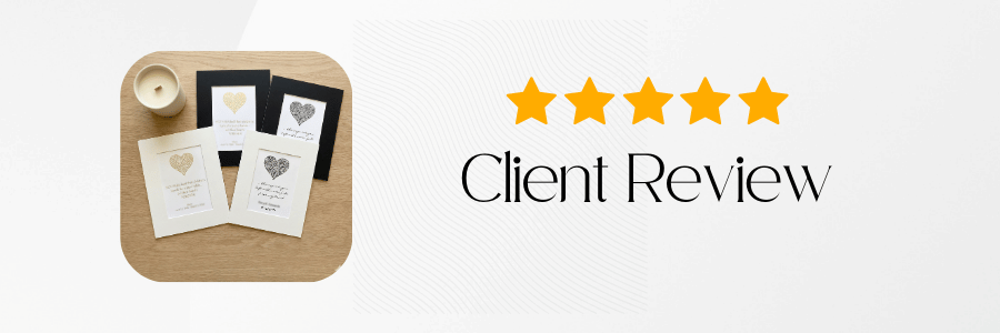 Five-star rating with 'Client Review' text and stationery items on a wooden tray.
