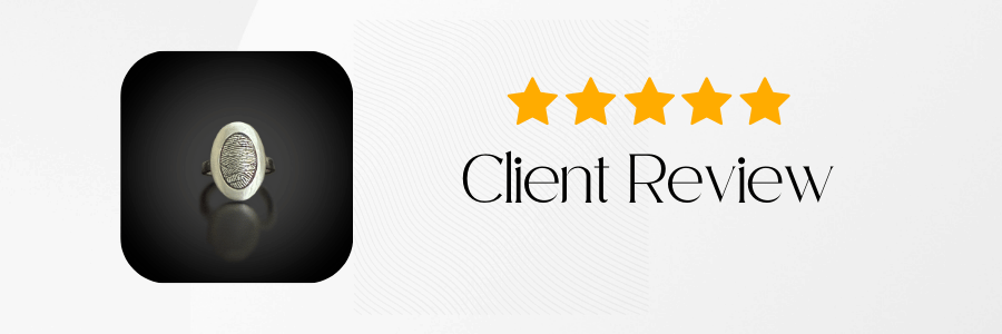 Five-star rating with a coin on a black background and 'Client Review' text.