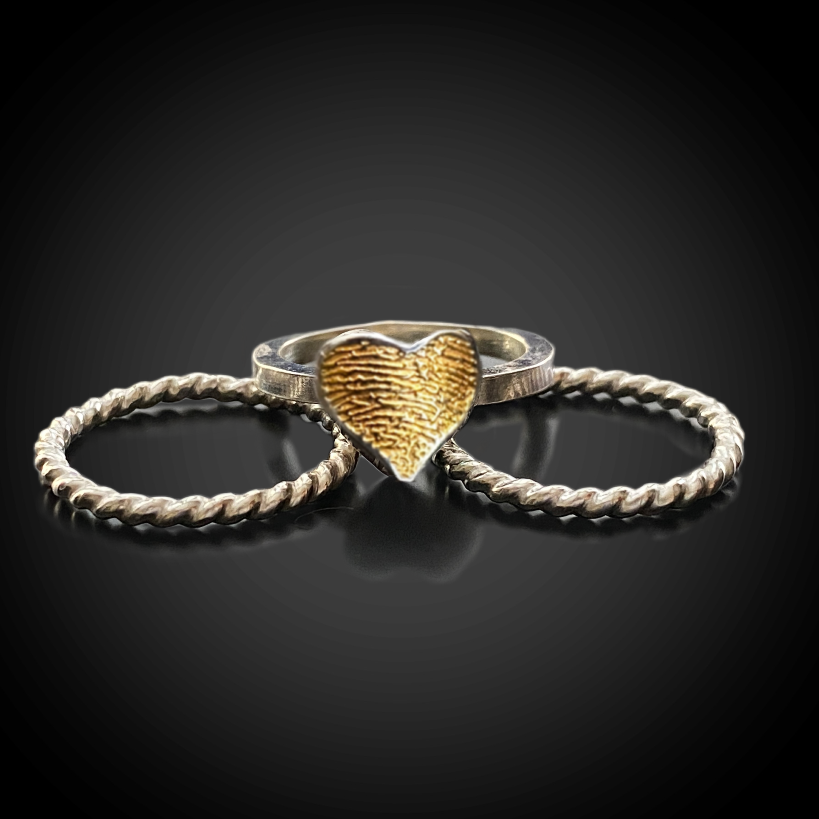 Fingerprint Heart Stacking Rings — Sterling Silver with 24K Gold-Plated Inlay (Custom Memorial)