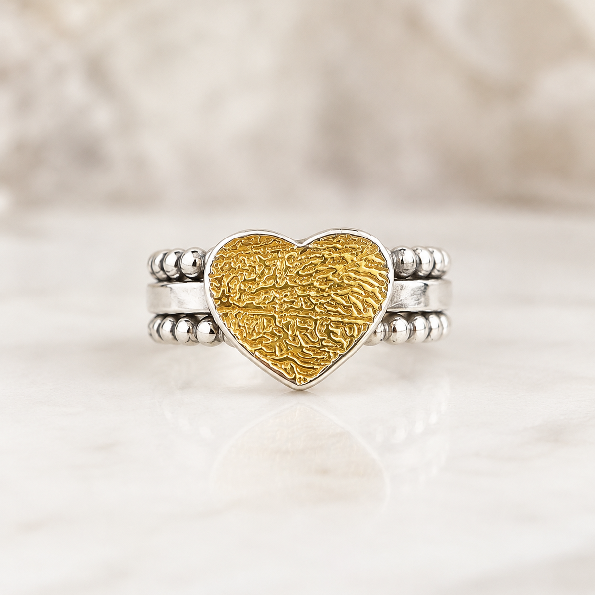 Fingerprint Heart Stacking Rings — Sterling Silver with 24K Gold-Plated Inlay (Custom Memorial)
