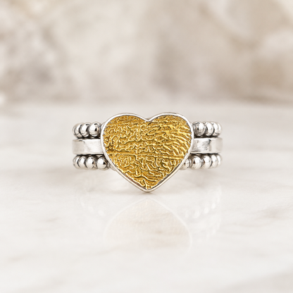 Fingerprint Heart Stacking Rings — Sterling Silver with 24K Gold-Plated Inlay (Custom Memorial)