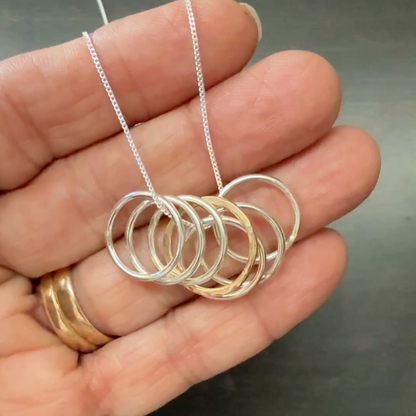 70th Birthday Interlocking Rings Necklace — Mixed Metal Sterling & 14/20 Gold-Filled (7 Circles, 18" Chain)