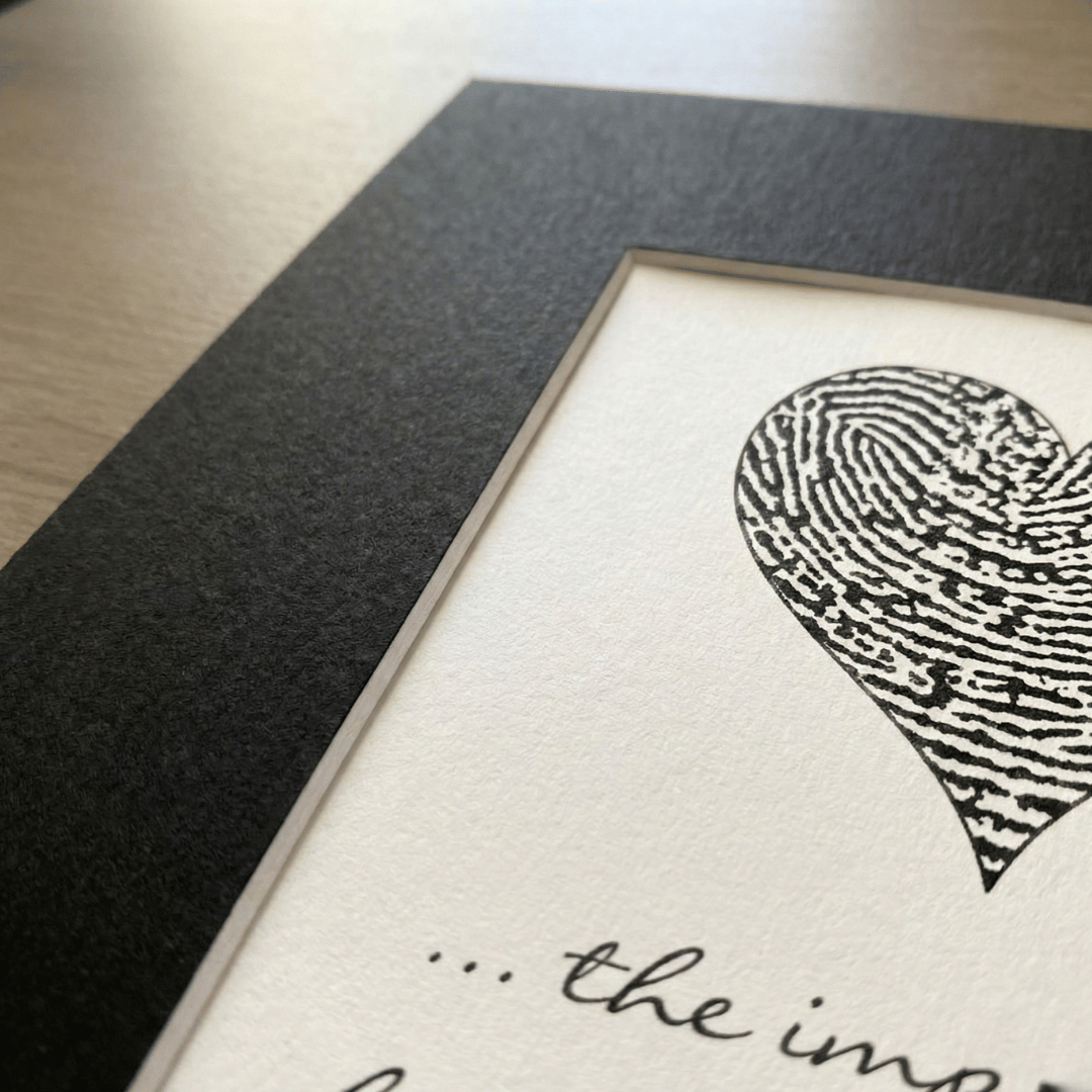 Framed artwork with fingerprint design and text on a light background