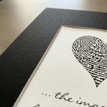Framed artwork with fingerprint design and text on a light background