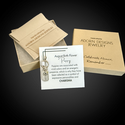 Personalized August Birth Month Poppy Flower Charm: Peridot CZ Birthstone, Hinged Charm Holder easily add charms, Sterling Silver Pendant