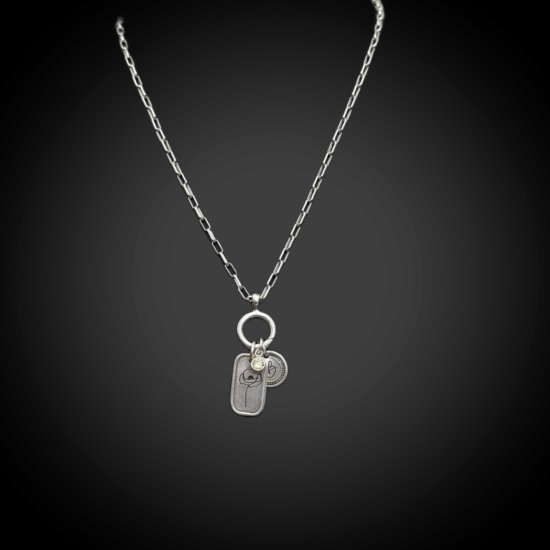 Silver necklace with two pendant tags on a black background