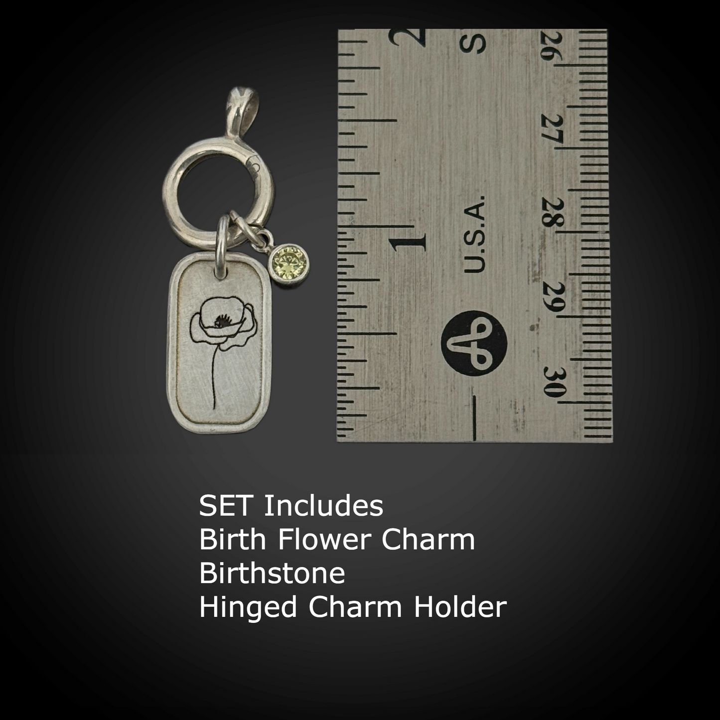 Personalized August Birth Month Poppy Flower Charm: Peridot CZ Birthstone, Hinged Charm Holder easily add charms, Sterling Silver Pendant