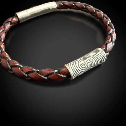 Fingerprint Bracelet — Braided Italian Brown Leather with Sterling Silver Tube Bead (Unisex, Men’s Favorite)