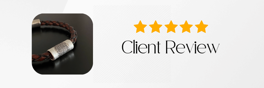 Bracelet with five-star rating and 'Client Review' text on a white background