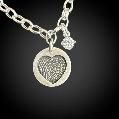 Classic Sterling Silver Charm Bracelet w/ Fingerprint & Birthstone CZ
