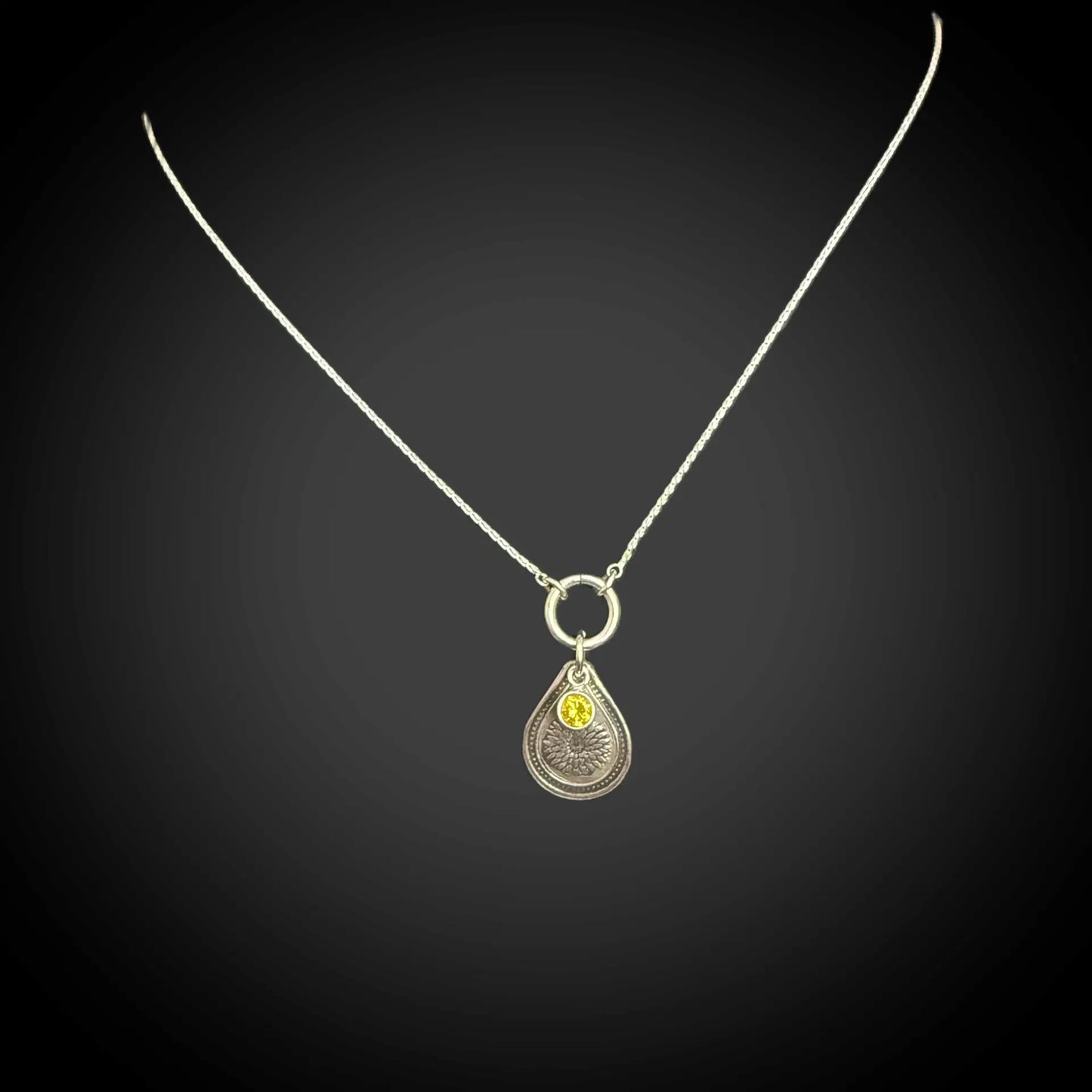 Sterling silver November birth flower necklace with chrysanthemum engraving and golden citrine CZ stone by Adorn Designs Jewelry.