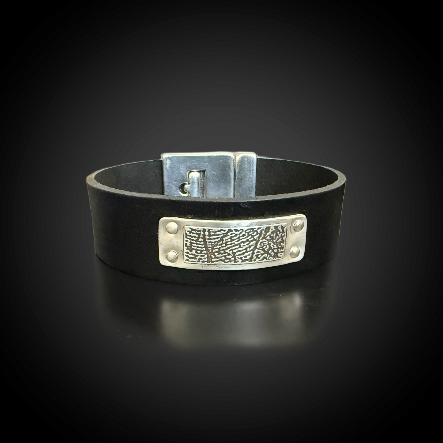 Wide Black Leather Bracelet — Riveted Sterling Plate for Fingerprints, Handwriting, or Dates - Unisex Favorite