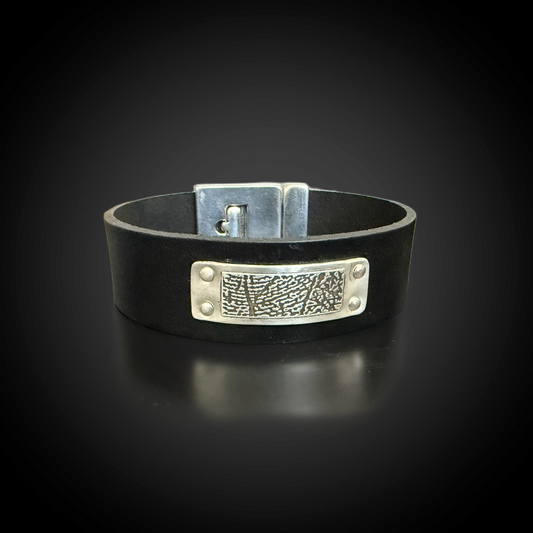Wide Black Leather Bracelet — Riveted Sterling Plate for Fingerprints, Handwriting, or Dates - Unisex Favorite