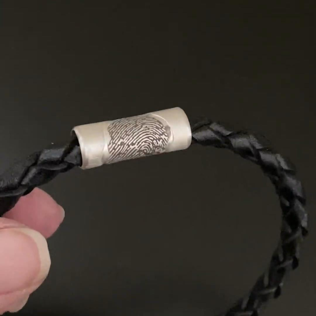 Fingerprint Bracelet — Braided Italian Brown Leather with Sterling Silver Tube Bead (Full Print, Men’s Favorite)