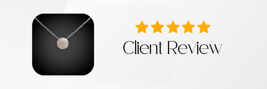 Necklace with five-star rating and 'Client Review' text on a white background