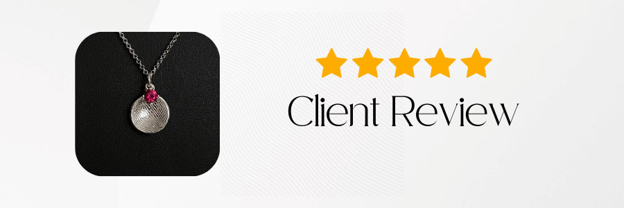 Necklace with a pendant on a black square background, next to five yellow stars and 'Client Review' text.