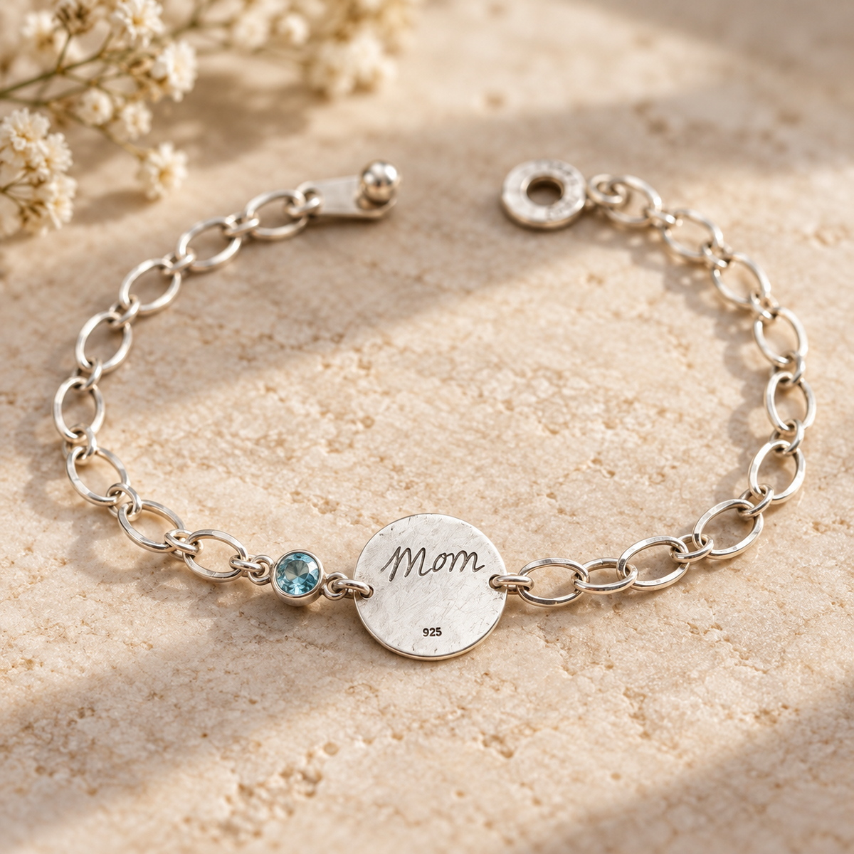 Fingerprint Charm & Birthstone CZ Bracelet for Women | Personalized Classic Sterling Chain