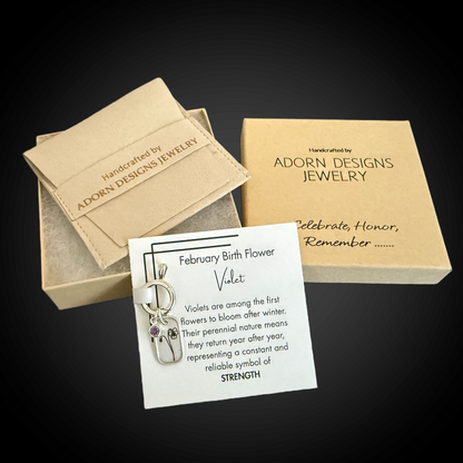 Personalized February Birth Month Violet Flower Charm: Amethyst CZ Birthstone, Hinged Charm Holder to add charms, Sterling Silver Pendant